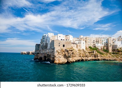 Polignano A Mare Town On The Rocks, Apulia, Italy, Province Of Bari.