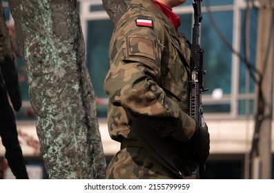 Polish Army Soldier Standing At Attention, Holding A Military Rifle Gun.