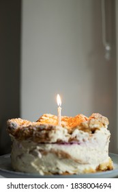 Polish Carpathian Mountain Cream Cake With Birthdate Candle . Homemade Karpatka.