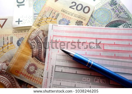 Polish cash payment form, banknotes and pen, banking concept