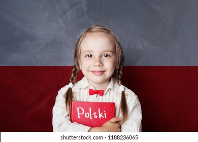 Polish concept with little girl student with book against the Polish flag background. Learn language