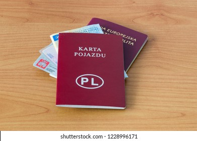 Polish documents passport, ID, driver licence, vehicle registration certificate and vehicle licence. - Shutterstock ID 1228996171