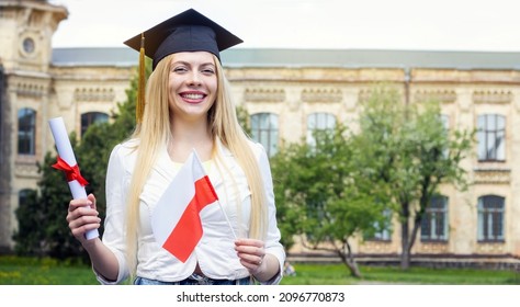 Polish education. Student graduate with Poland flag and diploma. Graduation day at university.