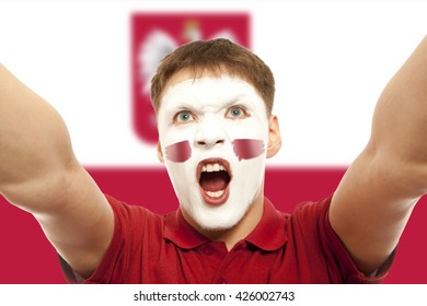 Polish Fans At The Stadium. Football, Soccer Fan