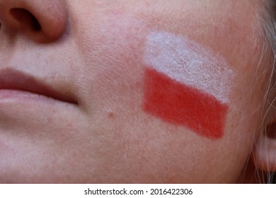  Polish Female Sport Fan With Poland Flag Painted On The Face, Closeup