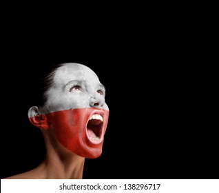 The Polish Flag On The Face Of A Screaming Woman. Concept