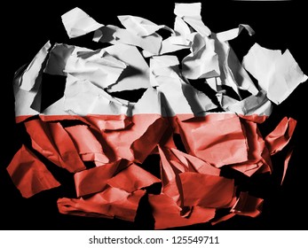 The Polish Flag Painted On Pieces Of Torn Paper On Black Background