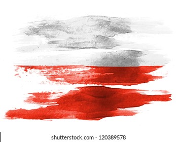 The Polish Flag Painted On White Paper With Watercolor