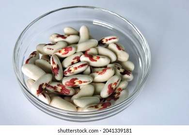 Polish Independence Beans In A Glass Bowl, White Beans With A Red Eagle, White Background
