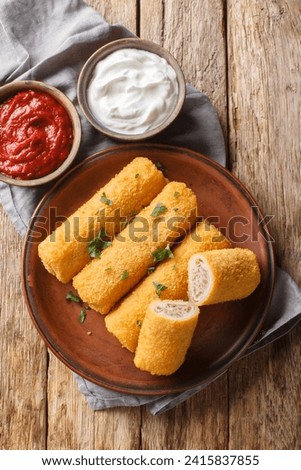 Polish Krokiety Croquettes with ground meat served with sauces closeup on the plate on the wooden table. Vertical top view from above
 Zdjęcia stock © 
