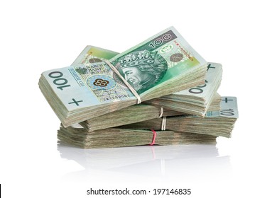 Polish Money Banknotes On White Background. Stack Of Cash