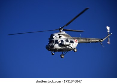 Polish Navy Helicopter Patroling Baltic Sea Shore 