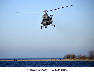 Polish Navy Helicopter Patroling Baltic Sea Shore 