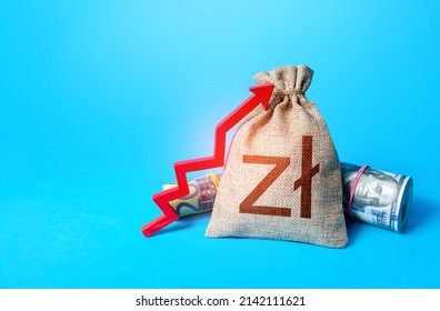 Polish zloty money bag and red up arrow. Rise in profits, budget fees. Increase in the deposit rate. Increase income and business efficiency. Inflation acceleration. Investments. Economic growth, GDP.