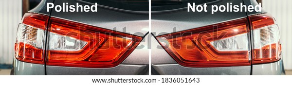 Polished and not polished or unpolished\
optics of rear lights of car, before and after\
concept