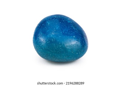 A Polished Piece Of The Blue Agate Mineral With Light Inclusions On The Surface. Isolated On White Background.