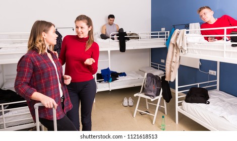 Polite Attractive Girl Friendly Meeting New Female Neighbor In Hostel Dormitory