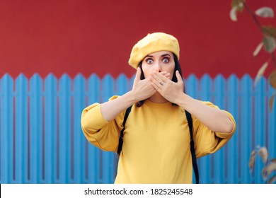 Polite Girl Hiding Hiccup With Hands Gesture