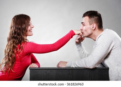 Polite Man, Husband Kissing Woman Hand Palm. Good, Happy Relationship. Love Couple Concept.