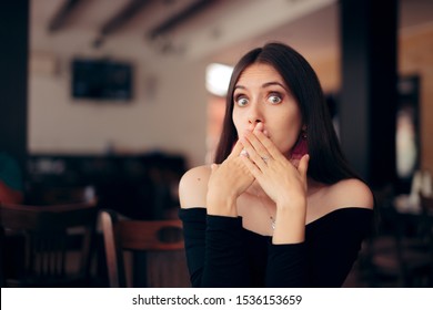 Polite Woman Covering Her Mouth At The Table. Surprised Girl Finding Out Shocking News And Keeping Quiet
