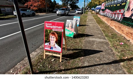 Political Advertising On Fence Outside The Primary Public School Blaxland East, New South Wales, Australia Electoral Polling Station On Australian Federal Election Day Saturday 18 May 2019.