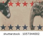 Political animals, a donkey representing democrats and an elephant representing republicans, on a vintage boxing style poster.