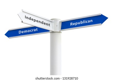 Political Parties Democrat Republican Independent On Crossroads Sign Isolated On White Background