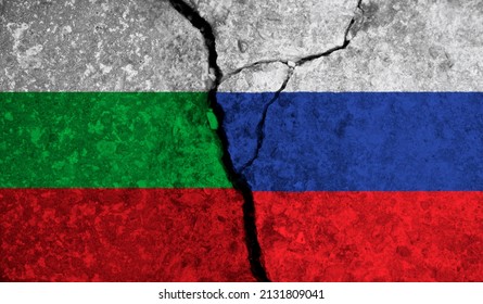 Political relationship between Bulgaria and russia. National flags on cracked concrete background