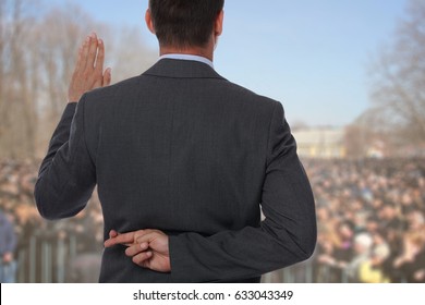 Politician Liar Gives People Impossible Promises With Fingers Crossed On His Back.