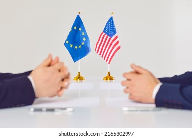 Politicians From EU And USA Talk Discuss International Partnership At Meeting. European And American Diplomats Engaged In Discussion Or Briefing, For Conflict Settlement.