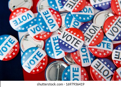 Politics Democratic Party In The US, Elections 2020, Button Pins On American Flag