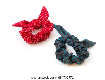 Polka Dot Red And Gray Hair Band Made From Fabric On White Background