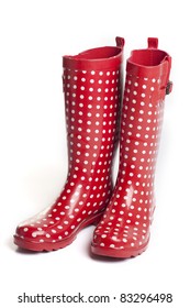 Polka Dot Red Rain Boots On White Background