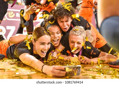 POLKOWICE, POLAND - APRIL 30; 2018: Final EBLK Women League Match CCC Polkowice - Artego Bydgoszcz 59:46. Celebration Polish Champion - Antonija Sandric, Alysha Clark, Artemis Spanou, Miljana Bojovic.