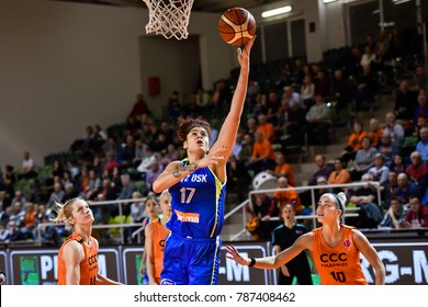 POLKOWICE, POLAND - JANUARY 03; 2018: Women Basketball Euroleague Match CCC Polkowice - ZVVZ USK Praha 51:61. In Action Amanda Zahui.