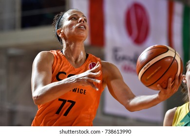 POLKOWICE, POLAND - OCTOBER 18; 2017: Women Basketball Euroleague Match CCC Polkowice - Sopron Basket 70:73. In Action Alysha Clark.