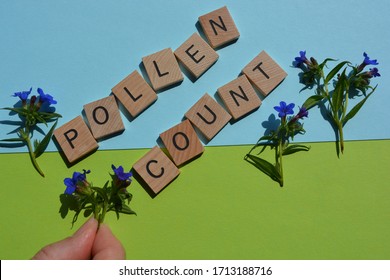 Pollen Count, Words In  3D Wooden Alphabet Letters, With Woman's Hand And Fresh Flowers