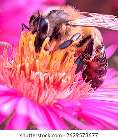 Pollination of flowers in spring. A bee skillfully picks up pollen from a flower in the garden. Bright flowers attract insects with their aromas. Bees create honey