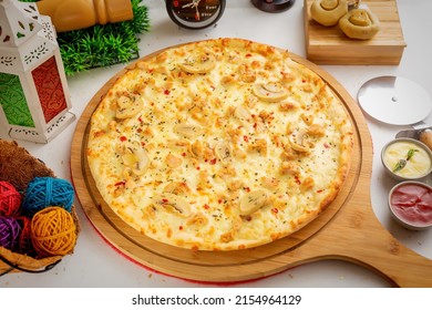 Pollo Alfredo Pizza With Tomato Sauce And Mayo Isolated On Wooden Board Top View Of Italian Food On Wooden Background