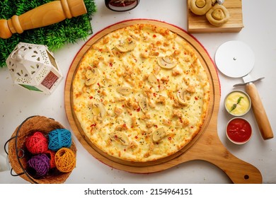 Pollo Alfredo Pizza With Tomato Sauce And Mayo Isolated On Wooden Board Top View Of Italian Food On Wooden Background