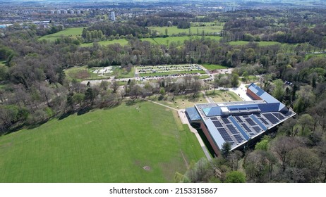 Pollok Park, Glasgow, Scotland; 19th April 2022: Aerial image of the newly refurbished building holding the Burrell Collection. A large collection of art and antiques.