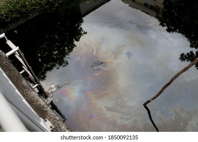 Polluted Black Dirty Wastewater Canal In City Community Of Bangkok.