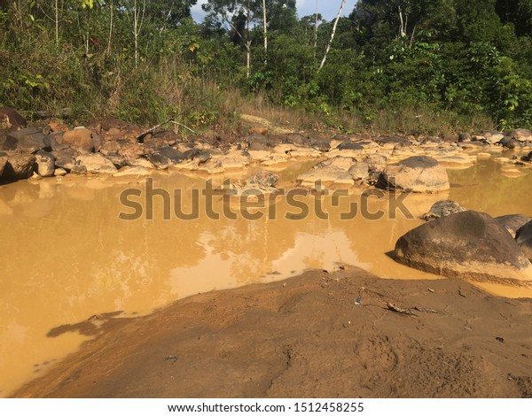 A polluted river in a mostly\
deforested part of the rainforest because of gold\
mining