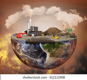 Pollution Concept. Plant, Machinery, Petroleum, Emissions, Dirty Air, Landfill. Plant With Vulcans And Oil Spot On The Half Of Planet.  Save The Planet.