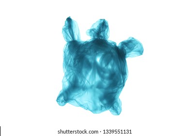 Pollution of the environment of the planet plastic. Blue plastic bag in the shape of turtle in the world ocean. Isolated on white background.