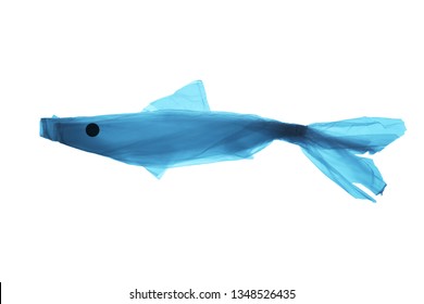 Pollution of the environment of the planet plastic. Blue plastic bag in the shape of a fish in the world ocean.