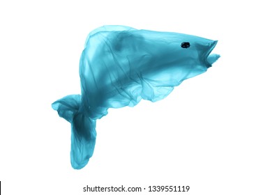 Pollution of the world's oceans with plastic garbage. Blue fish out of waste. Recycling and the ban on the use of polyethylene. Isolated on white background.
