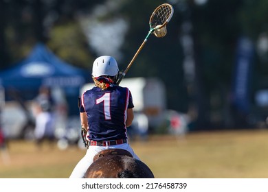 Polo Cross Woman rider riding horse pony holding racket with ball a rear behind photo.