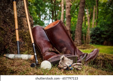 Polo Horse Back Riding Boots & Mallet, Gloves, Ball outside near Forrest