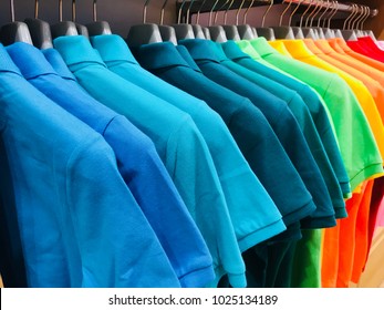 Polo Shirts, Shirts, Colorful Polo Shirts Hanging In Collections Easy To Choose And Use. Close Up.